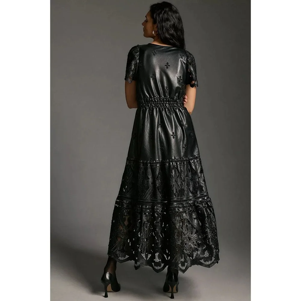 Anthropologie Dress Womens Small Somerset‎ Maxi Faux Leather Embroidered Black_2